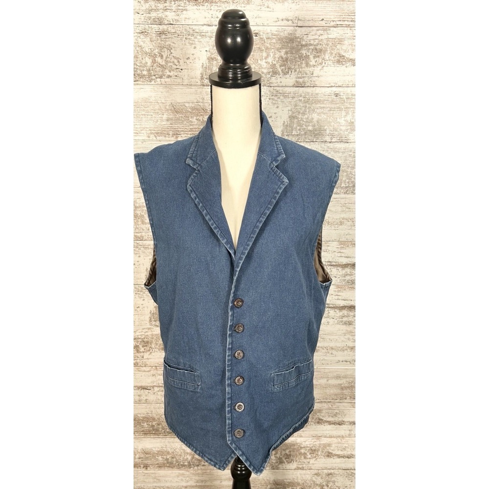 Vintage Orvis Women's Large Button Up‎ Vest Denim Blue Lined Adjustable Strap